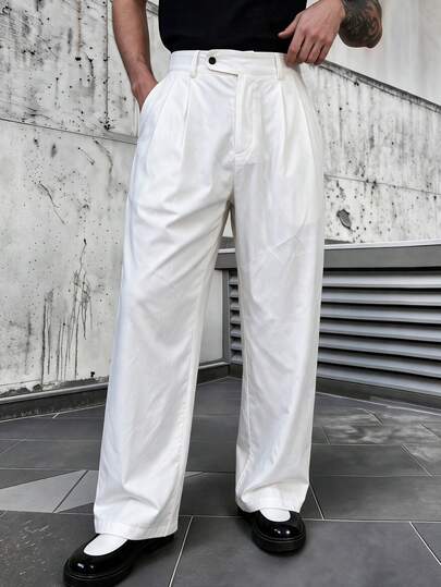 Men's White High-Waist Double Pleated Paris Button Straight Leg Cropped Dress Pants, Draped Slim Fit Suit Trousers For Business, Formal, Wedding, Banquet, Hosting, Commuting, Vacation, Versatile Long Pants