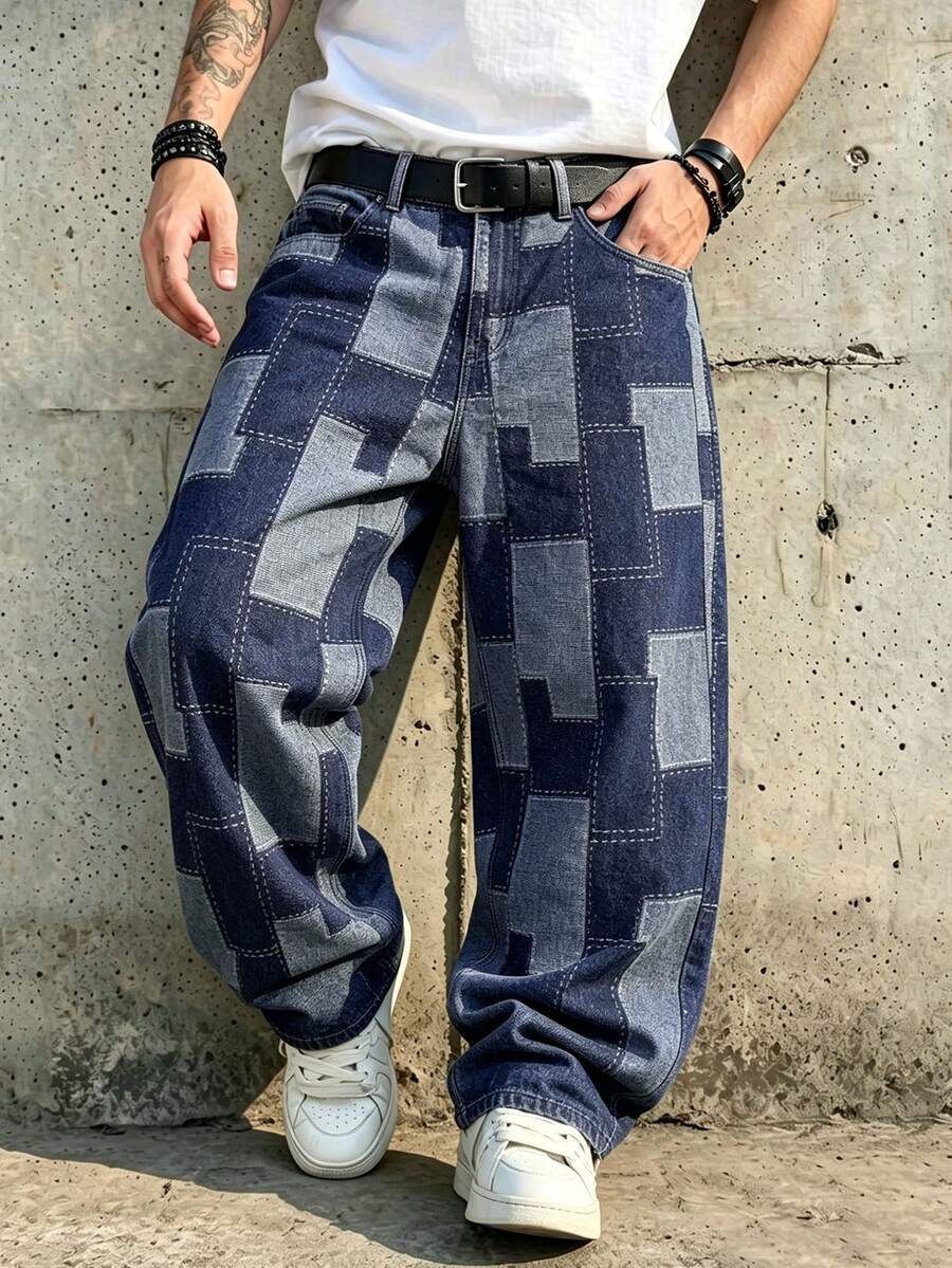 Celana Jeans Denim Pria LIYS Motif Kotak-kotak Geometris Jacquard Longgar Kaki Lebar Gaya Jalanan Vintage dengan Efek Usang - Biru - View 1