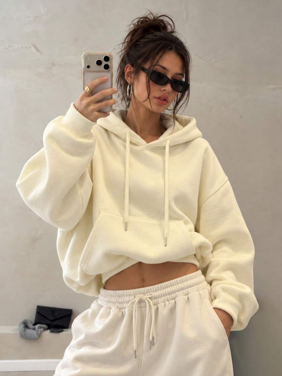 Unisex Thermal Lined Loose Fit All-Match Sweatshirt With Pockets And Drawstring, Long Sleeve Pullover Sweatshirt, Machine Washable, Warm Inner Lining - Apricot - View 1
