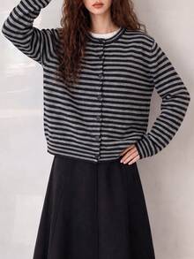 Women's Autumn/Winter Fashion Striped Knit Cardigan, Long Sleeve Round Neck Button Front Sweater, Daily Fashion Outfit - Grey-black - View 4