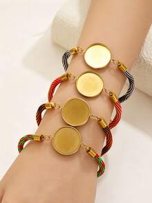 1 Pc. Stainless Steel Blank Round Bead Bracelet, Colorful Braided Cord, Adjustable Bracelet, DIY Jewelry Making - Bracelet Base - View 4