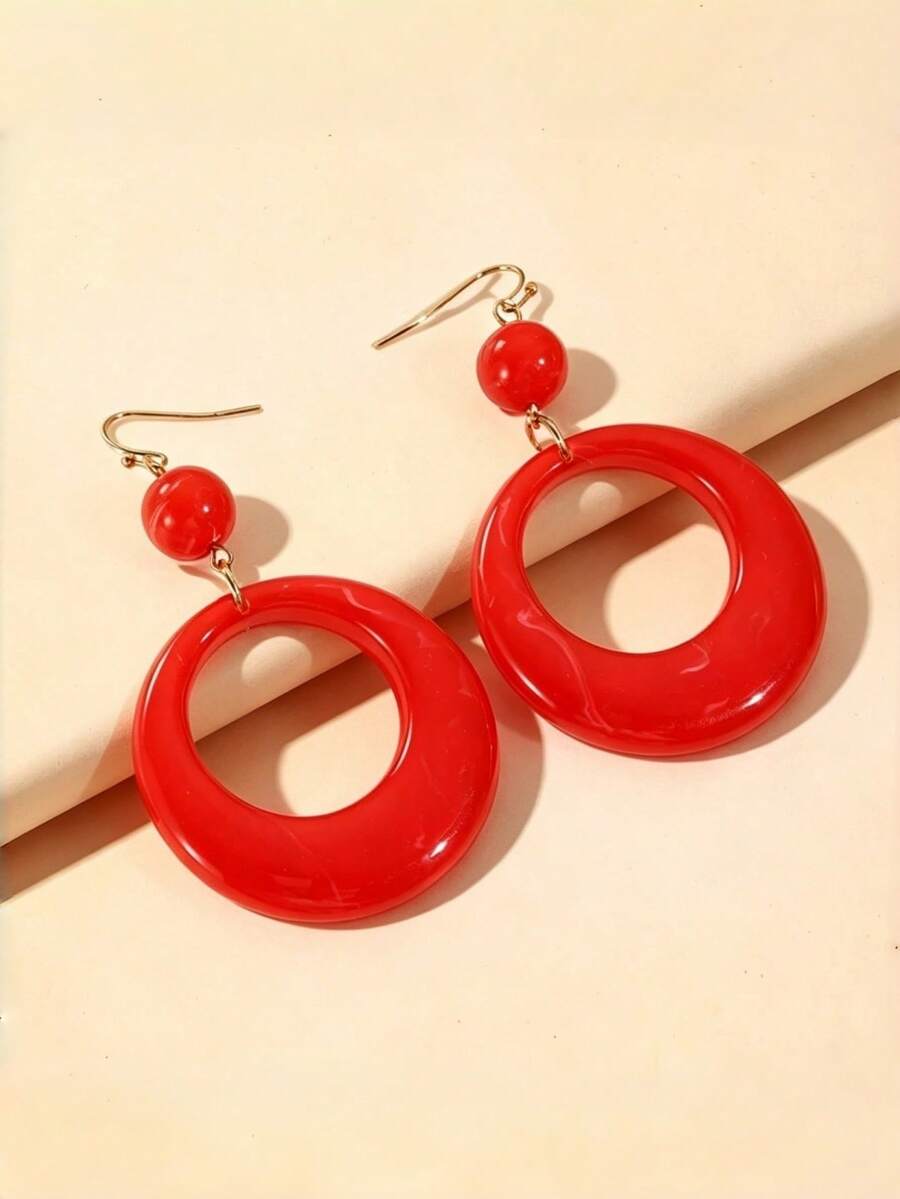 1 Pasang Anting Panjang Bulat Resin Bergaya - Merah - View 1