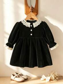1pc Baby Girl Black Velvet Lace Collar Long Sleeve Dress, Front Button Vintage Palace Style High Waist A-Line Dress - Black - View 1