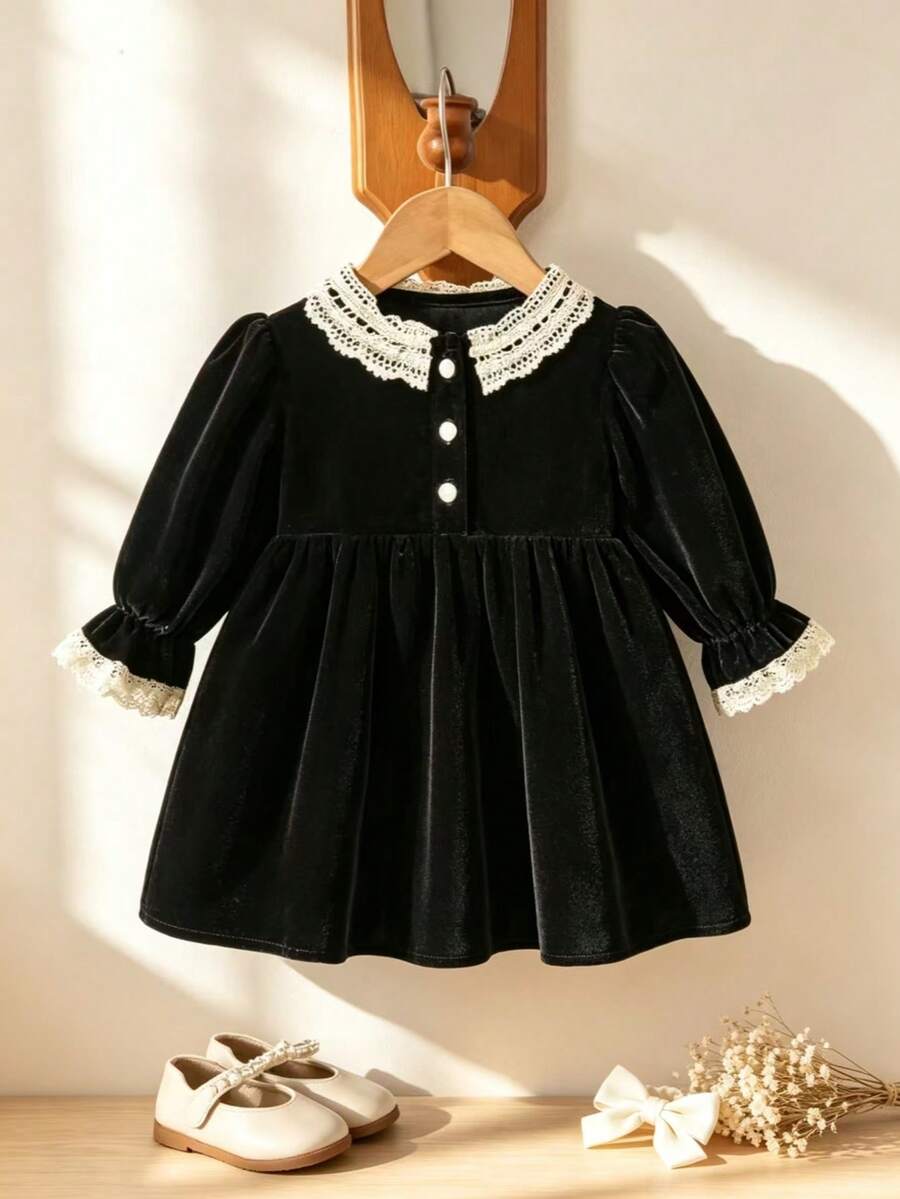 1pc Baby Girl Black Velvet Lace Collar Long Sleeve Dress, Front Button Vintage Palace Style High Waist A-Line Dress - Black - View 1