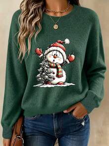 Women's New Arrival: Loose-Fit, Slimming Long-Sleeve Sweater With Christmas Tree &SnowmanPrint– PerfectforLounging,HolidayGifting,AndFestiveGatherings - Dark Forest Green - View 4