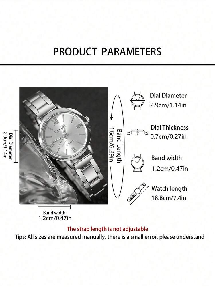 2PCS/1PC Watch Optional Women's Silver Stainless Steel Band Wristwatch Set, Minimalist Classic Style, Roman Numeral Dial Simple And Elegant, Paired With Hollow Heart Silver Women's Bracelet, Elegant Luxury Hand Accessory, Luxury Women's Gift, Suitable For Graduation Gift, Exquisite Women's Accessory Gift Box - Silver - View 4
