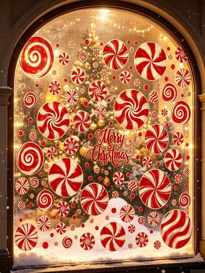 1 set d'autocollants de fenêtre de Noël, autocollants de fenêtre bonbons, autocollants de fenêtre bonbons rouges de Noël peinture à l'huile, autocollants de verre double face pour décoration de maison, salle de classe, bureau, fête d'hiver et Noël
