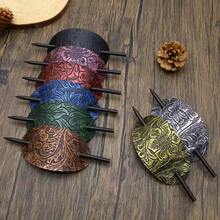 1pc Random Style Vintage Long Hair Bun Holder, Leather Oval Hair Stick Hair Clip - Multicolor - View 5