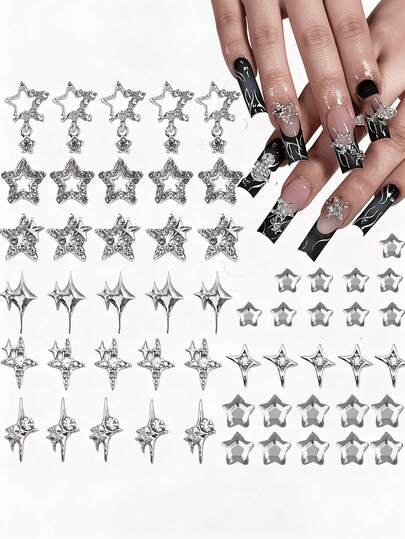 55 piezas de decoraciones de arte de uñas con estrellas plateadas, accesorios de arte de uñas de aleación 3D, estilo Y2K para mujeres, adecuado para regalos de Navidad