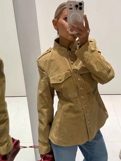 Women's Winter Fashion Lapel Decor Casual Jacket Coat, Vintage Stand Collar Pocket Top, Women's Streetwear Jacket