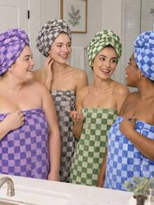 1pc/2pcs - Checkerboard Pattern Bath Towel & Hair Drying Cap, Bath Towel Size 90*170 Cm, Matching Checkerboard Pattern Hair Drying Cap, Soft And Thick, Quick-Drying. Classic Checkerboard Appearance, Skin-Friendly Fabric, No Shedding. Multiple Colors Available, Home Bathing, Combining Aesthetics And Practicality. - Multicolor - View 2