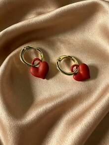 1 Pair French Style Exquisite Sweet Vintage Red Heart Hoop Earrings, Minimalist Fashion Luxury Elegant Design Versatile Ear Studs, Suitable For Women's Daily, Holiday, Commute Wear - Multicolor - View 5