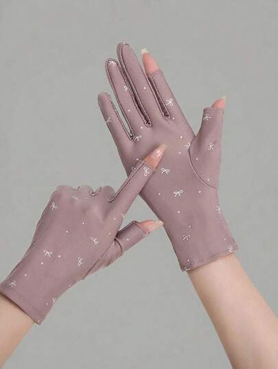 1 Pair Women's Short Lace Trim Fingerless Sun Protection Gloves, Spring/Summer/Autumn Fashion Thin Touchscreen Anti-Slip Elastic Breathable Sweat-Absorbent Sports Protective Gloves For Cycling, Driving, Hiking, Running, With Sweet Bow And Polka Dot Print, Thumb And Index Finger Open Design For Direct Phone Touchscreen Operation Without Affecting Typing, UV Protection, Snug Fit, Daily Commute And Outdoor Travel, Gentle Girly Style, Practical Summer Protective Accessory