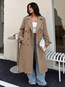 Women's Fashion Khaki Double-Breasted Mid-Length Lapel Coat, Vintage Tie Waist Long Sleeve Trench Jacket, Suitable For Autumn/Winter - Camel - View 4