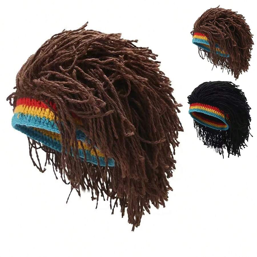 1pc Men's Dreadlock Wig Patchwork Knit Beanie, Fashionable Casual Warm Hat, Suitable For Autumn/Winter Travel, Windproof, Winter Warmth - Multicolor - View 1
