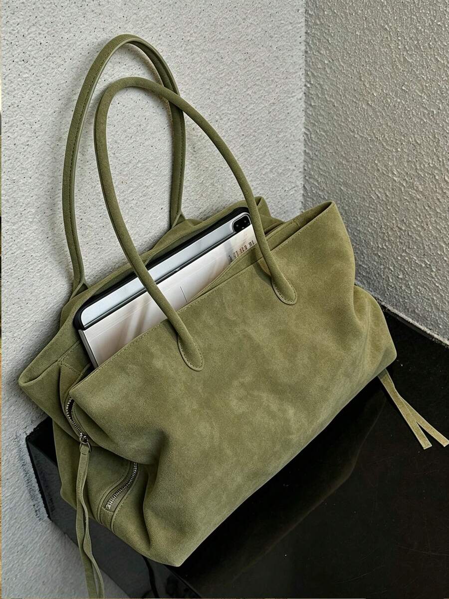 秋冬新款小眾設計仿麂皮多隔層單肩托特包,極簡高品質大容量通勤女款手提包 - 軍綠色 - 查看 1