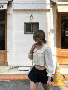 Sweet Bow Peter Pan Collar Puff Sleeve Cropped Top, Lace Patchwork Cute Autumn Short Blouse - Apricot - View 5