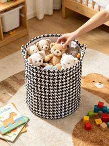 1pc Round Fabric Laundry Basket, Large Capacity Multi-Functional Storage Bin With Sturdy Handles, Classic Houndstooth Print, Suitable For Bedroom, Bathroom, Dorm, Dirty Clothes, Toys, Blankets Organizer, Home Storage Accessory - Multicolor - View 9