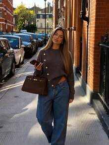 Elegant Women's Grey Long Sleeve Sweater, Rib-Knit With Stylish Asymmetrical Design And Gold Button Embellishments For Fall Winter - Brown - View 6