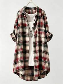 Women's Plus Size Plaid Shirt, Collar, Rolled Sleeves And Front Button Design - Red - View 1