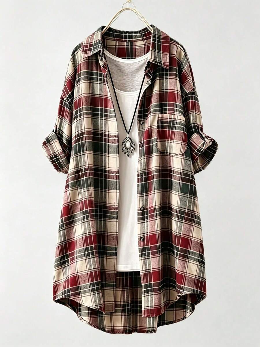 Women's Plus Size Plaid Shirt, Collar, Rolled Sleeves And Front Button Design - Red - View 1