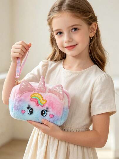 This Cute Unicorn Wallet Makeup Bag Features Exquisite Embroidered Patterns And A Unique Design. It's Not Only A Fashionable Travel Toiletry Bag But Also Has Cartoon Unicorn Big Eyes And Soft Plush Material, Adding A Touch Of Childhood Charm And Charm To Your Daily Life.