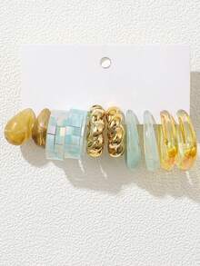 5-15 Pairs Autumn New Fresh Yellow-Green Water Drop Twisted Checkerboard Gradient Letter C Combination Earring Set, Delicate Minimalist Elegant High-End Old Money Style Y2K Acrylic Earrings And Ear Hoops For Women, Christmas Halloween New Year Daily Party Wear, Eye-Catching Versatile - Multicolor - View 4