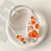 Orange Style Charger And Cable Protector Set, Durable Apple 18-20W Charging Cable Protective Case, Anti-Breakage Cable Organizer, Compatible With Apple Phone Charger - Multicolor - View 3