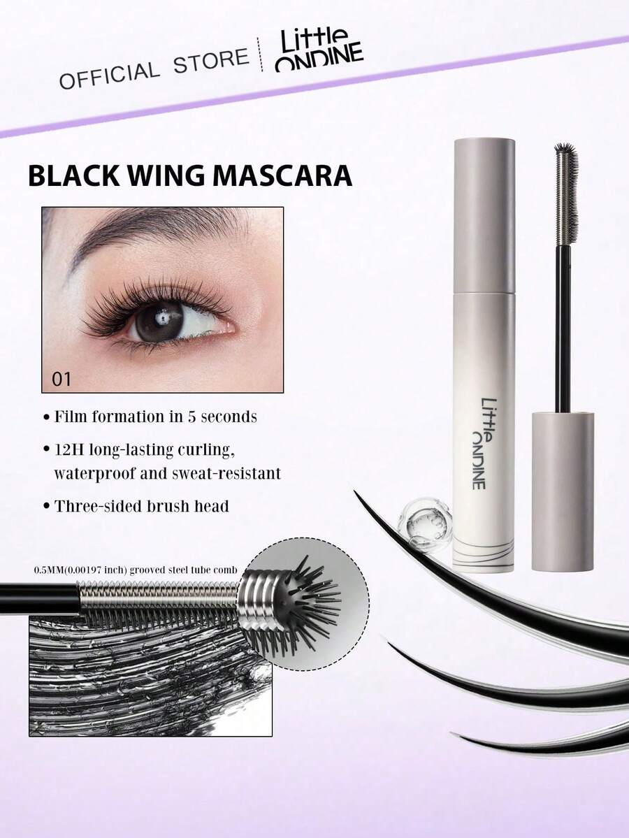 Little Ondine BLACK WING MASCARA 01 BLACK 5g/0.18oz，豐盈捲翹，持久定型，防暈染與防水，快速乾透，輕盈配方，精準刷頭，適合日常使用，禮品