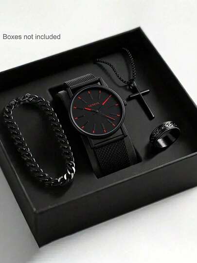 4/1pc Boys Fashion Classic Casual Quartz Watch, Suitable For Boys To Wear, Comes With Fashion Bracelet, Pendant Necklace And Ring Set, Perfect For Back To School, Parties And Travel In Daily Life. Birthday Gift, Graduation Season, Christmas, Gift For Friends And Family (Box Not Included)