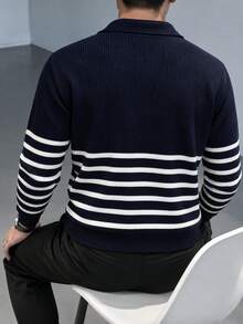 Men's Striped Half-Zip Stand Collar Knit Polo Shirt, Light Business Casual Long Sleeve Top - Black - View 6