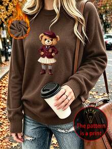 Women's Plus-Size Casual, Cute Faux-Knit Sweater Featuring A Preppy-Style Bear Graphic; Versatile And Perfect For Everyday Wear In Autumn And Winter. - Brown - View 7
