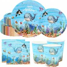 Ocean Animal Theme Party Paper Tableware Set, Ocean Pattern, Happy Birthday, Paper Plates, Paper Cups, Napkins Set, Whale Pattern, Underwater Baptism Whale Style, Suitable For Underwater Theme Party, Birthday, Holiday, Family Event, Party Decoration Supplies Set, Christmas, Restaurant Decoration - Multiple Styles - View 2
