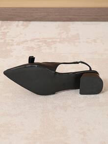 Women's Black Pointed Toe Bow Backless Slingback Pumps, Chunky Heel Sandals, Elegant Daily Commute & Date Shoes - Black - View 6