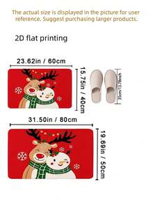 A Comfortable And Vibrant Christmas Themed Doormat, Featuring Reindeer And Snowman Designs, Made Of Flannel Material, With A Vibrant Red Background And Smiling Reindeer. - A - View 3