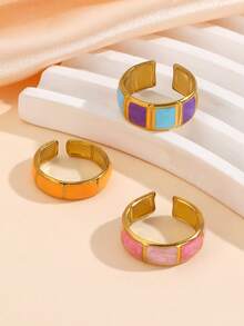 3pcs Stainless Steel 18K Gold Plated Geometric Bamboo Knot Design Oil-Filled Multicolor Open Ring Set, Minimalist Fashion Stackable Rings For Women's Daily Wear - Multicolor - View 2