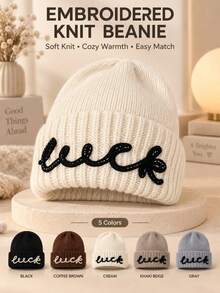 Women's Embroidered Knit Beanie, Soft Ribbed Winter Hat With Folded Brim, Warm Elastic Casual Cap, Suitable For Cold Weather, Outdoor Walking, Commuting, Travel, Daily Wear And Autumn/Winter Outfit Matching - Multicolor - View 4