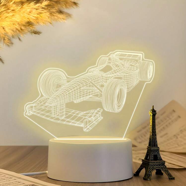 賽車圖案壓克力夜燈 USB 暖光供電 桌面藝術裝飾擺件 格線雕刻工藝 酷感氛圍床頭夜燈 賽車主題風格 適合汽車愛好者房間展示 創意生日節日禮物 - 暖白光 - 查看 2