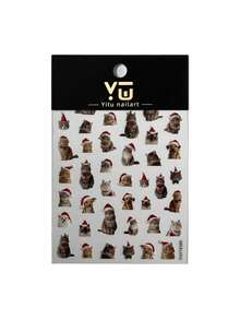 1 Sheet Flat Christmas Nail Stickers, Cute Realistic Cat & Dog Santa Hat Pattern Self-Adhesive Nail Art Decorations - Multicolor - View 5