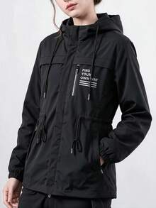 Women's Fashion Casual Autumn Hooded Drawstring Waist Cardigan Jacket - Black - View 2