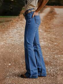 Women's Fashion Back Pocket Embroidered Flare Stretch Jeans Casual Spring Fall - Medium Blue - View 3