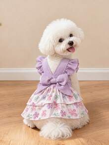 LUCKIE PAW 1pc Pink Bow Colorful Polka Dot Shoulder Strap Pattern Print Flutter Sleeve Elegant Princess Style Tulle Dress Suitable For Chihuahua Small Dogs Wedding Dog Clothing Pet Dress For Cats And Dogs Indoor And Outdoor - Multicolor - View 6