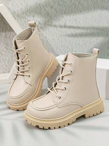 1 Pair Boys Girls Solid Color Cool Lace-Up Classic Boots, Suitable For Autumn/Winter Outdoor Ankle Boots - Beige - View 1