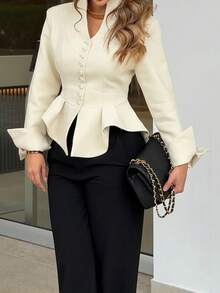 Unadoll Women's Autumn Elegant Stand Collar Single-Breasted Ruffle Trim Blazer, Long Flare Sleeve Slim Fit Formal Jacket, Suitable For Office, Daily And Outings - Off White - View 9