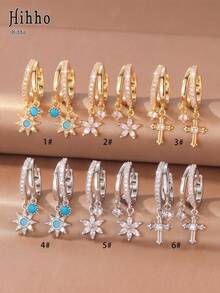 Hihho 2pcs/Set Elegant Atmosphere Gold & Silver Dual-Color Multi-Style Sunflower, Flower, Cross Pendant Rhinestone Hoop Earrings Set For Women, Daily Wear, Holiday Gift, Multi-Piercing Layering Accessory - Multicolor - View 1