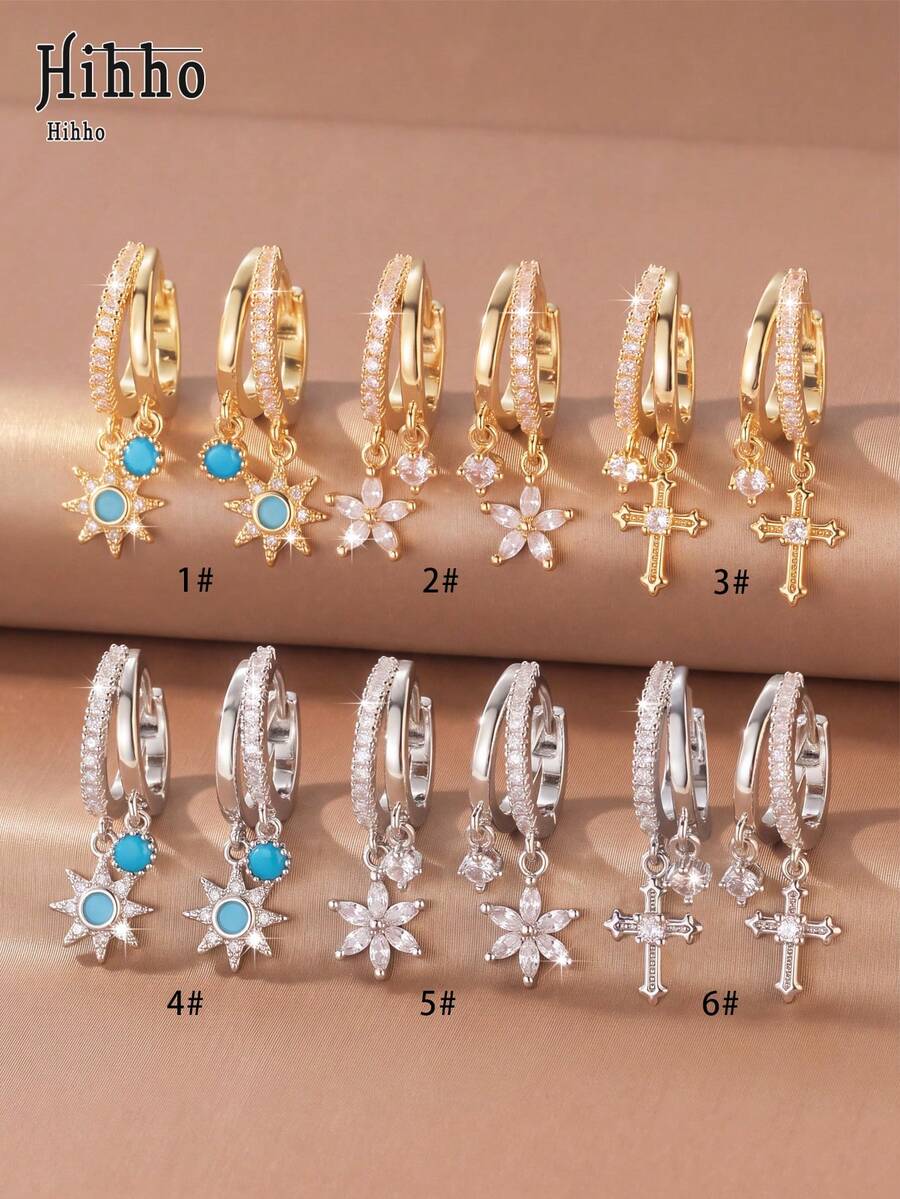 Hihho 2pcs/Set Elegant Atmosphere Gold & Silver Dual-Color Multi-Style Sunflower, Flower, Cross Pendant Rhinestone Hoop Earrings Set For Women, Daily Wear, Holiday Gift, Multi-Piercing Layering Accessory - Multicolor - View 1