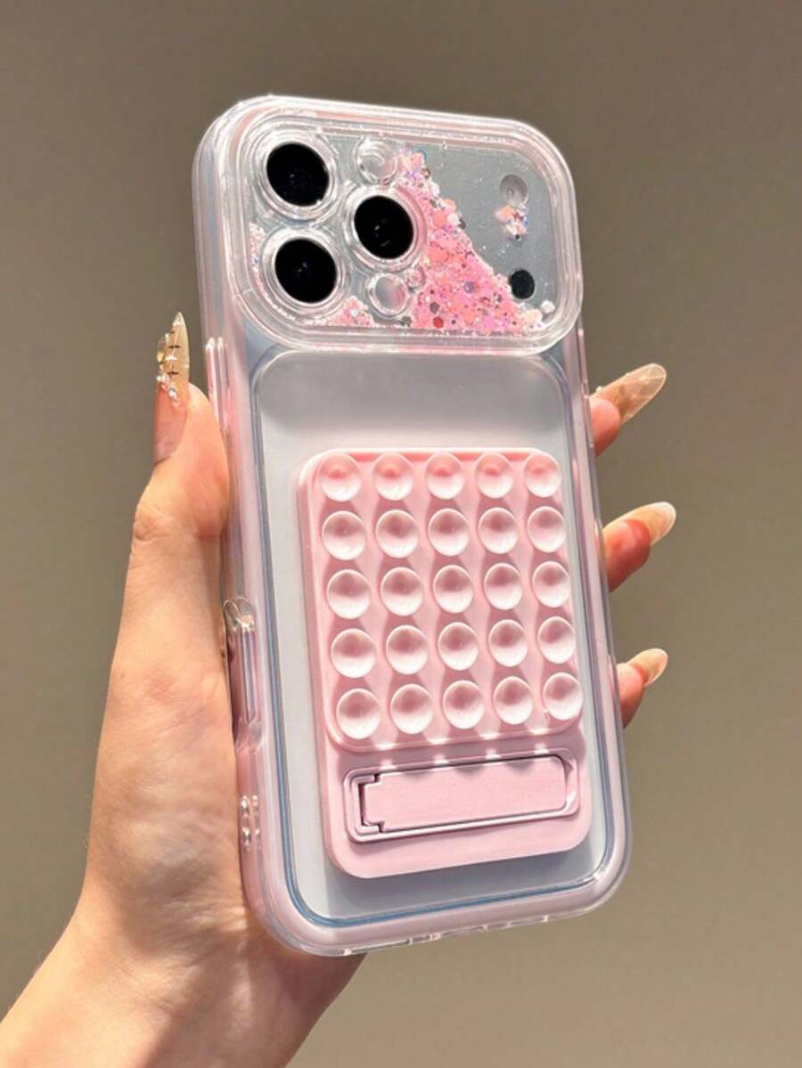 矽膠吸盤折疊支架閃粉流沙軟殼,適用於 iPhone 17 16 15 14 13 Pro Max Plus,吸盤支架可用於自拍與影片拍攝 - 粉色 - 查看 1