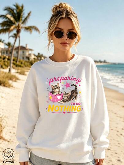 Sweat-shirt décontracté à col rond pour femme, pull à manches longues avec imprimé chat qui lit