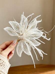 1pc Large Vintage Lace Faux Feather Rhinestone Pearl Hair Clip, Bridal Wedding Headpiece, Wedding Party Accessory, Exquisite Newlywed Gift - Multicolor - View 2