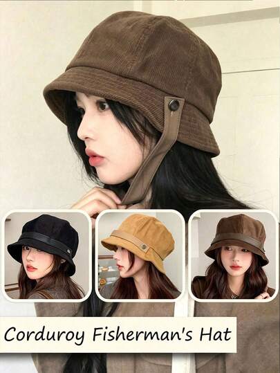 1pc Corduroy Bucket Hat, Women's Casual Bucket Hat, Large Head Circumference To Highlight Face Shape, Autumn/Winter Bucket Hat, Made Of Polyester Fiber And Corduroy Fabric, Fine Craftsmanship, Suitable For Men And Women, Simple And High-End Beret Hat, Windproof And Breathable, Flattering Face Shape, Suitable For Outdoor Activities, Outdoor Travel And Daily Wear.